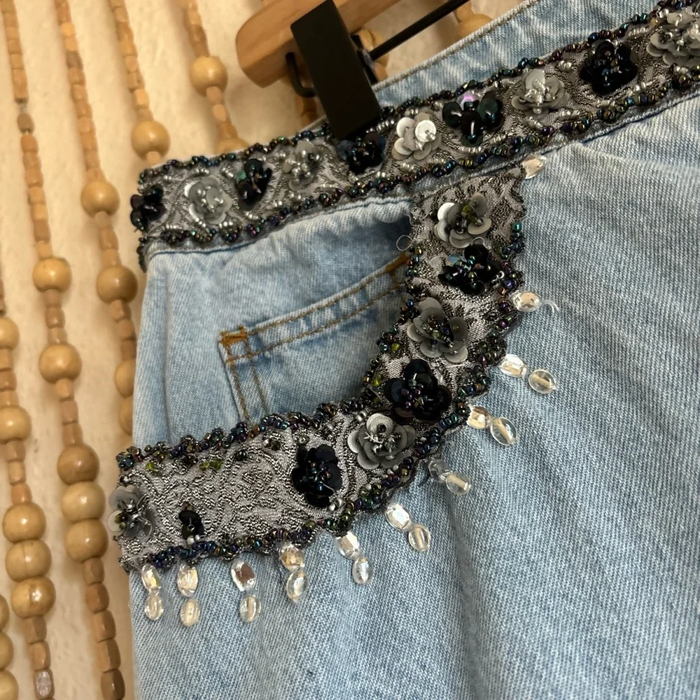 Vintage 90s Y2K Light Wash Beaded Sequin Embellished Boho Fairy Whimsy Jeans 16
